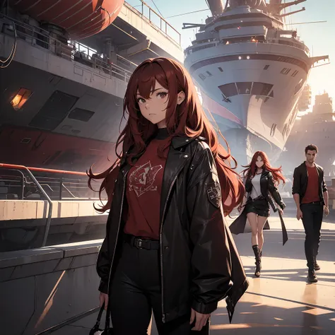 2 character, a man with very short wavy brown hair and a girl with long red hair, the man is wearing black bad boy clothes and the girl is wearing a shirt that hits her thighs, they are in a spaceship, in the background behind the ship there is a giant ali...