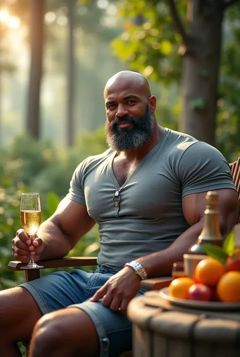 1 guy , 30 years , pumped up , dark , pointed nose, in a gray T-shirt , silver bracelet on hand , bald , beard black and gray thick, denim shorts, sits by the table , There is champagne on the table , fruits, nature in the background , trees, Sun , slight ...