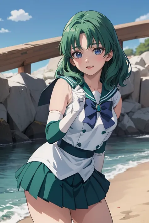 (anime:1.4), Best Quality, masterpiece,Cowboy Shot,
One girl, Sailor Neptune,, Old,Medium sized breasts, Aqua Eye, Dark green hair, Medium Hair, (Sailor Warrior Uniforms:1.2), Buck Bow, White elbow gloves, Begging Skirt, View your viewers,Red cheeks, smile...