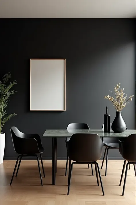 Black wall with decorative mirror with a light brown acreage and rectangular clear glass dining room with black chairs