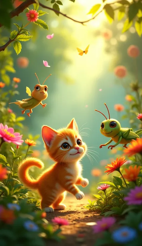 Sunny garden, Orange kitten Tico, mother Dona Mimi, Gafi the Grasshopper doing his magic with leaves, colorful flowers, Playing in the garden, jumps and hideouts, Magic with leaves and flowers, Garden animals, Magical presentation