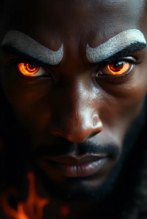 Close up of black man with white eyebrow, and the bottom of the eyes like a flame 