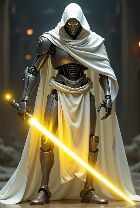 a b2 super battle droid wearing a white ninja suit and wielding a yellow lightsaber.