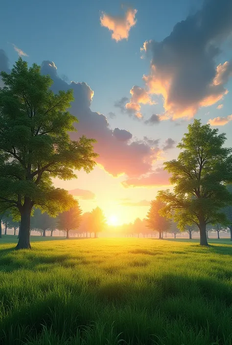 Create a beautiful environment with sun  set blue sky and green tree with in big ground and a cool climate.