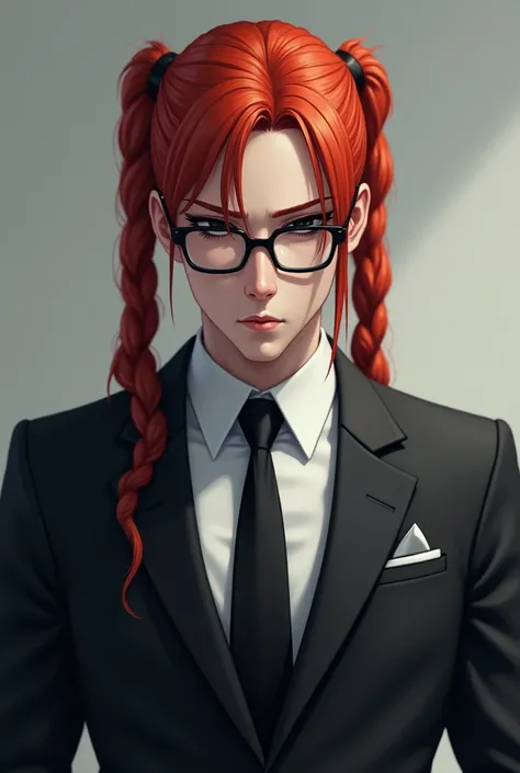 A man with red hair,down pigtail hair, wears eyeglasses, wears suit, have serious and cold personality 