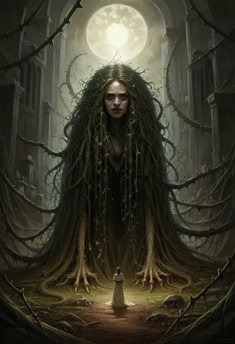 Standing before you is a towering, eerie figure—an otherworldly female creature. Her skin is pale and almost translucent, veins pulsing with a dark, shadowy energy. Long, tangled hair flows down her back, intertwining with creeping vines and thorns. Her ey...