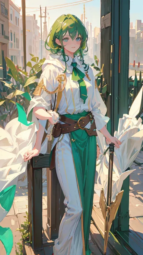 A cute androgynous elf with silver medium curly hair and green eyes, wearing a white robe, green cloak, and brown pants with a belt. He has a bold smile and is holding a cane. (best quality,4k,8k,highres,masterpiece:1.2),ultra-detailed,(realistic,photoreal...