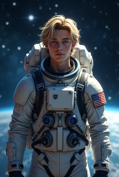 A handsome teenager, with blonde and long hair, pale skin and blue eyes, dressed as an astronaut 