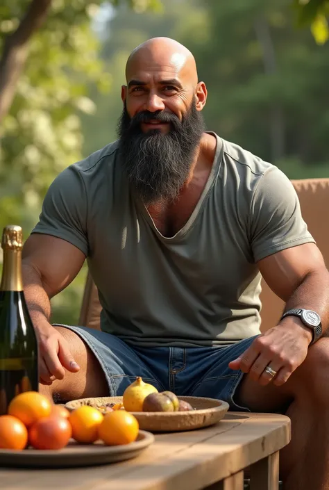 1 guy , 25 years , pumped up , sunburnt , pointed nose, in a gray T-shirt , silver bracelet on hand , bald , beard black and gray thick, denim shorts, sits by the table , There is champagne on the table , fruits, nature in the background , trees, Sun , sli...