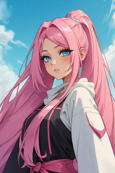 girl 2 pink hair extremely long hair and light blue eyes hair parted in the middle different hairstyle pigtail hair extremely long hair extremely beautiful face