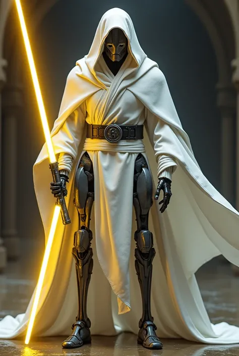 a b2 super battle droid wearing a white ninja suit and wielding a yellow lightsaber.