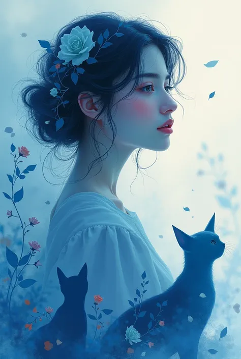 Create an abstract instagram profile picture for a calm and thoughtful girl who loves the color blue, cats and roses.