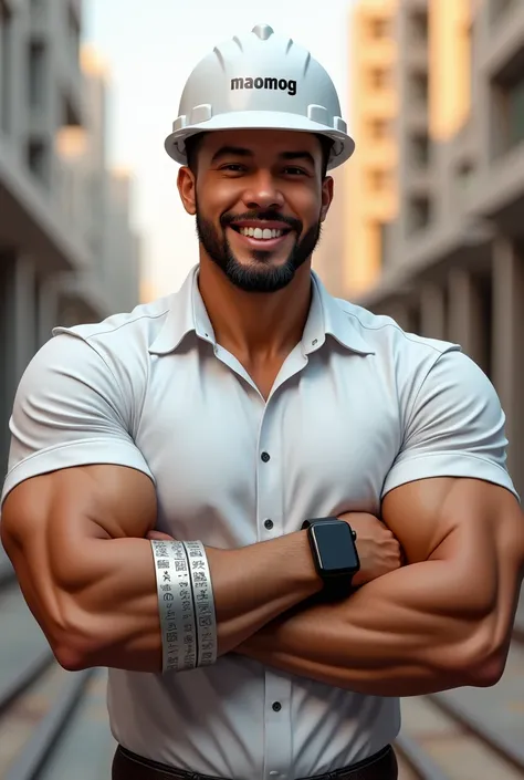 Man with good physique, cinnamon skin white shirt, white construction helmet saying MAOMOG, black Apple Watch on left arm, Medium sized silver bracelet with Egyptian hieroglyphics on the right arm , smiling looking straight ahead, with a background of buil...