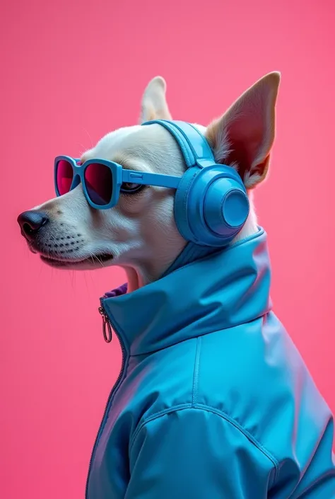 best mobile wallpaper，award - winning wallpaper，Photo photography，Front view of a cute dog，Dressed in mid-1960s space-age fashion，Side view photo，Shot with Canon EOS R5，Set a strong contrast to make the subject stand out，Fluorescent blue，Wearing a very mod...