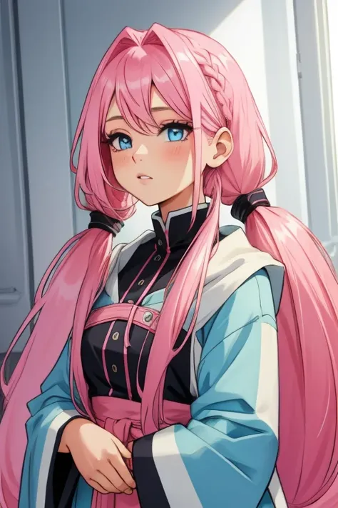 girl 2 pink hair extremely long hair and light blue eyes hair parted in the middle different hairstyle pigtail hair extremely long hair extremely beautiful face