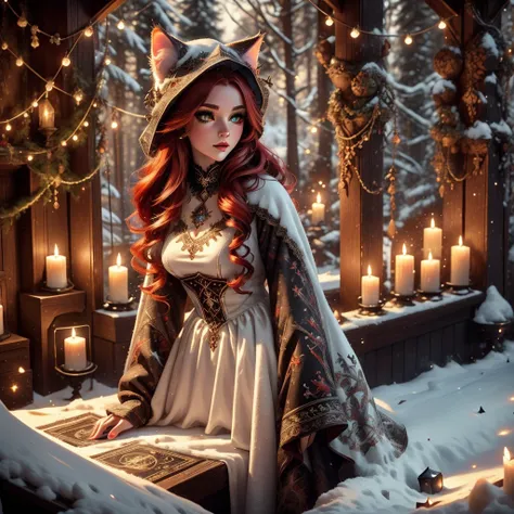 a snow cat feline woman, witch outfit, beautiful detailed eyes, beautiful detailed lips, extremely detailed face, long eyelashes...