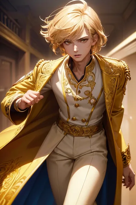 ((solo), detailed beautiful face, teenager, male, blond hair, yellow eyes, white shirt, brown genie pants, 19th century coat, anime style, intricate details, cinematic lighting, vibrant colors, (best quality, 8k, highres, masterpiece:1.2), ultra-detailed, ...