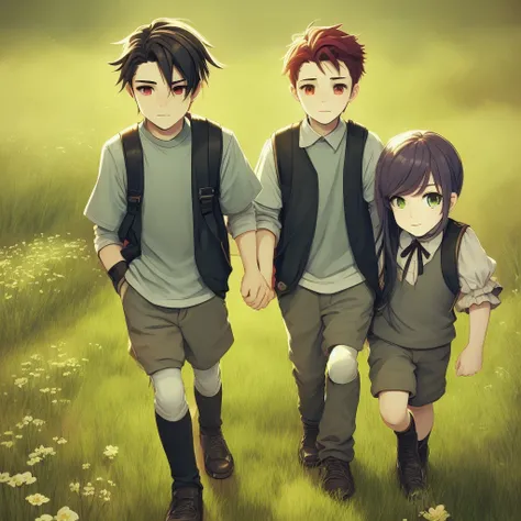 2 boys and 1 girl, walking is a meadow.