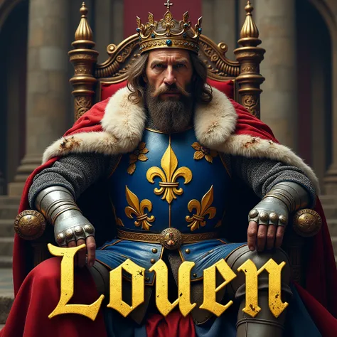 A poster depicting a rich king, with blue and red coat of arms golden lily flowers, damaged by fighting. medieval battered chain mail, crown, gloves, very battle-damaged. Hes on a throne in a medieval castle, with the words "Louen" written in large golden ...