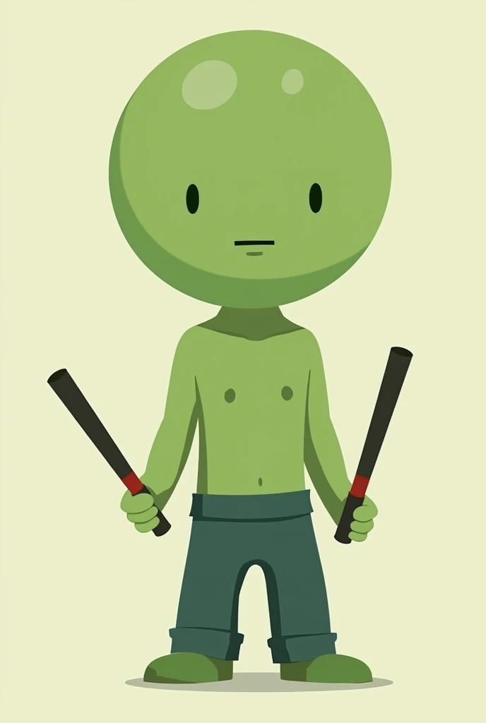 Create a cartoon character with a large head and a green body. The character should be wearing long, tight-fitting pants but no shirt. The character should be holding nunchucks in its hands. The design should be simple and cute."