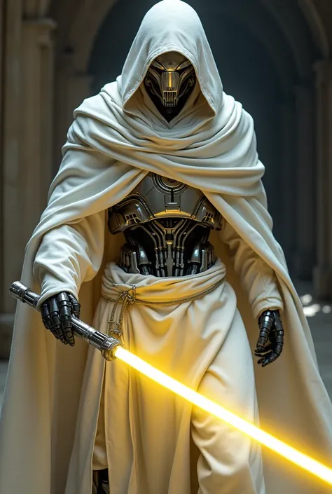 a b2 super battle droid wearing a white ninja suit and wielding a yellow lightsaber.