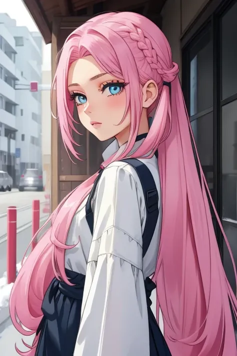 girl 2 pink hair extremely long hair and light blue eyes hair parted in the middle different hairstyle pigtail hair extremely long hair extremely beautiful face