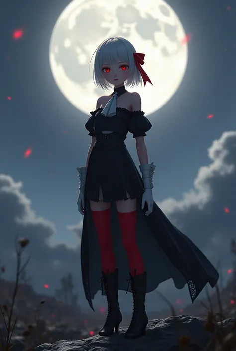 Photo of Edelgard_institution, hair ribbon, Black jacket, Black dress, Ascot, red stockings, white gloves, high-heels, Walk on the battlefield, moon, full moon, Young people, teenager, (thin), small , small, 1 girl, (((3d, Video games))),Masterpiece, Best ...