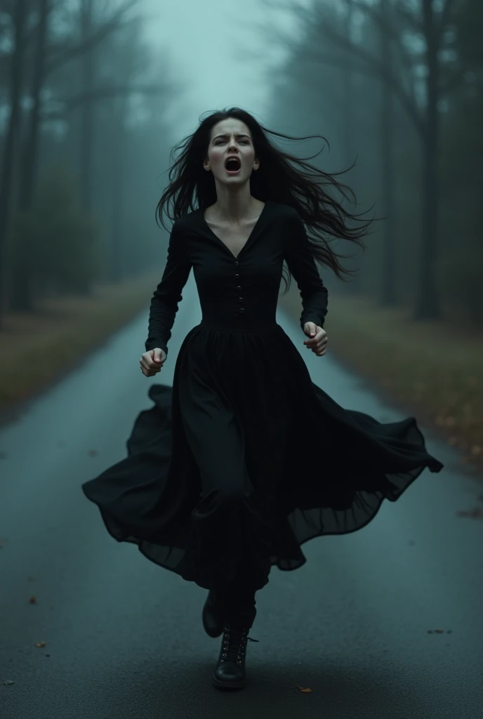 A woman with black hair in black frock very scared and running in a road at night