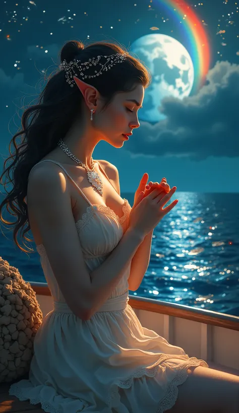 A sexy elf rubbing her soft boobs, wearing sexy shiney diamond necklaces dress, at night, in the sea on a boat, stars twinkle, moon in sky, rainbow in sky, many lighting fish around them. A very stunning and very sexy picture.