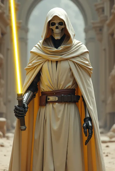 a b2 super battle droid wearing a white Jedi robe and wielding a yellow lightsaber.