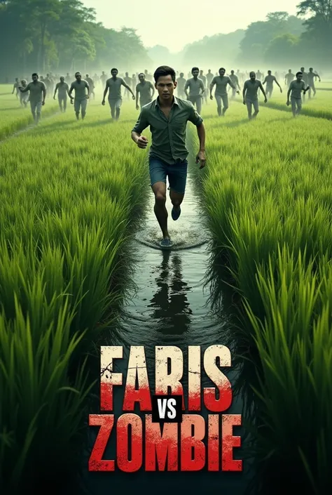 A poster of a single Thai person running away from a large number of zombies in a rice field with the words Faris vs. zombie written on it.