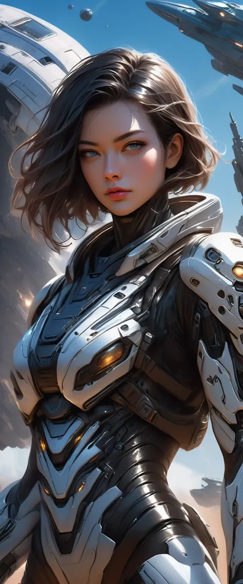 american woman with a scar on her face in a futuristic suit holding a gun in front of a spaceship, epic sci - fi character art, epic sci-fi character art, girl in mecha cyber armor, epic scifi character art, clothed in sci-fi military armor, detailed sci-f...