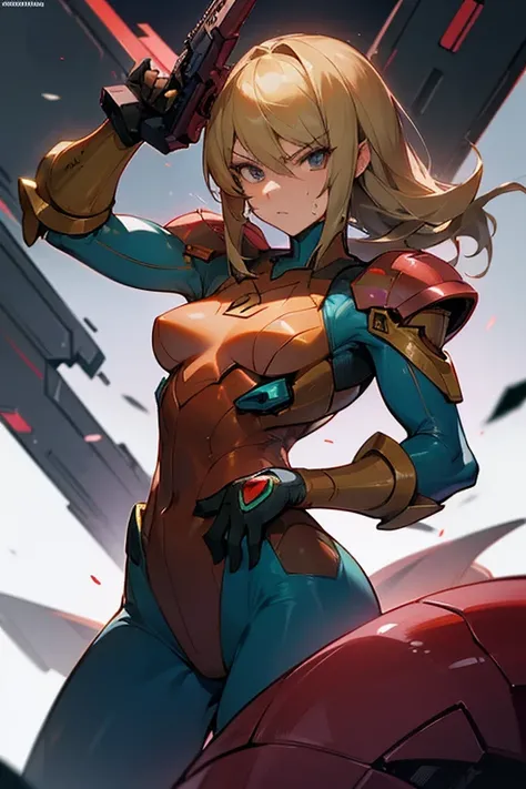 shark,Super Metroid(Samus Aran),
girl,covered in sweat and translucent, soldier,hold a pistol in your right hand,hold a pistol in your left hand,
tattered clothes,clothes are torn,