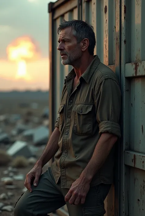 Man leaning on container after nuclear explosion 