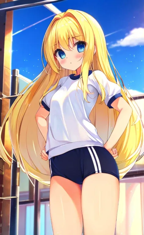 Beautiful long blonde　Blue Eyes　whole body　Black bloomers　White gym wear　Small breasts　Sports Warehouse　sports warehouse　With hands on hips　Leaning forward