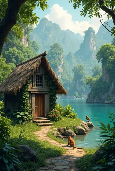 Small house near the lake background is jungle and monkeys
