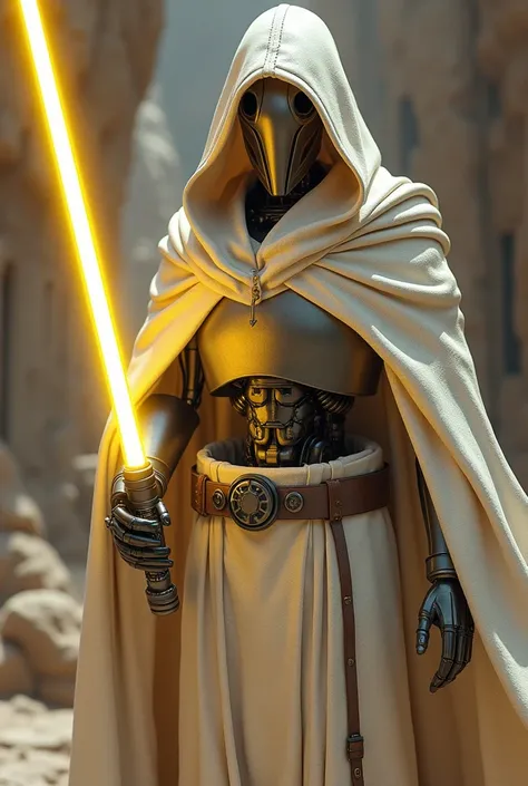 a b2 super battle droid wearing a white Jedi robe and wielding a yellow lightsaber.