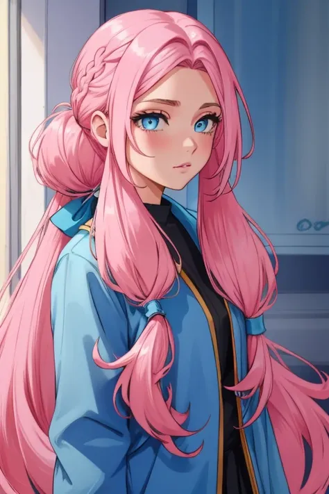 girl 2 pink hair extremely long hair and light blue eyes hair parted in the middle different hairstyle pigtail hair extremely long hair extremely beautiful face