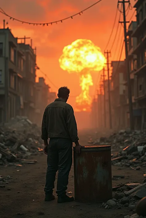 Man leaning on container after nuclear explosion,orange view over poor neighborhood 