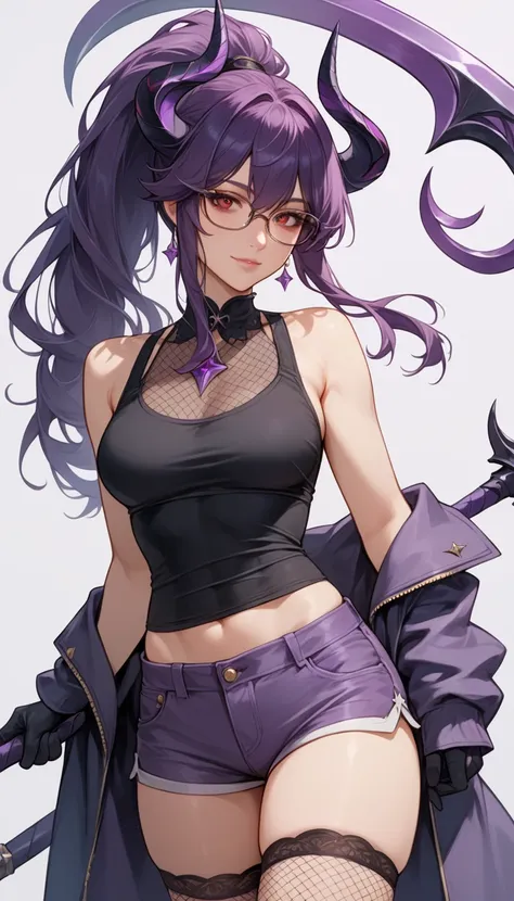 Izayoi Seishin artstyle, (score_9, score_8_up, score_7_up), (best quality, masterpiece),perfect anatomy,(aesthetic,very aesthetic),official style, (ultra-high resolution), 1girl, long purple hair ponytail style, horned headgear, red eyes, glasses, black ta...