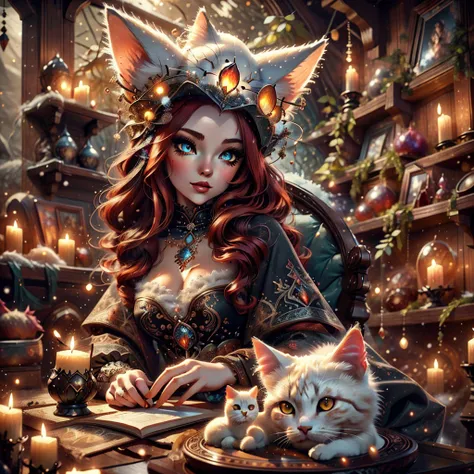 a snow cat feline woman, witch outfit, beautiful detailed eyes, beautiful detailed lips, extremely detailed face, long eyelashes...