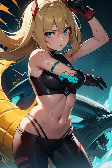 shark,Super Metroid(Samus Aran),
girl,covered in sweat and translucent, soldier,hold a pistol in your right hand,hold a pistol in your left hand,
tattered clothes,clothes are torn,