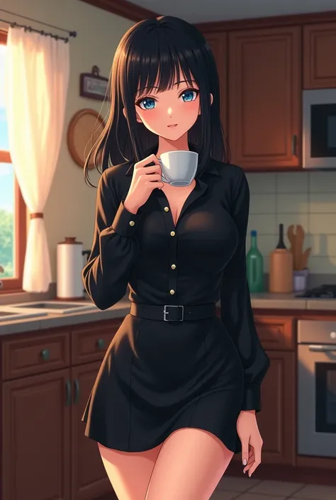 Twenty-four year old girl, Waist-length black hair with perfectly cut bangs, blue eyes, She wears a black shirt and a short black skirt that reaches just above her knees and black high heels., The first three buttons of the shirt are open and reveal her br...