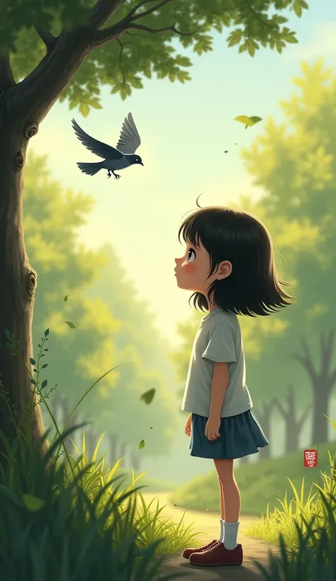 sandra, A shy girl watched the sparrow as it flew away with a mixture of joy and sadness.. 