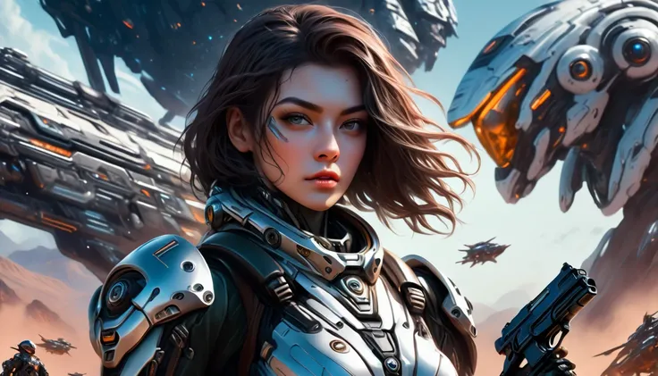 american woman with a scar on her face in a futuristic suit holding a gun in front of a spaceship, epic sci - fi character art, epic sci-fi character art, girl in mecha cyber armor, epic scifi character art, clothed in sci-fi military armor, detailed sci-f...