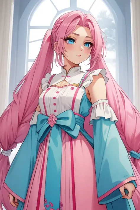 girl 2 pink hair extremely long hair and light blue eyes hair parted in the middle different hairstyle pigtail hair extremely long hair extremely beautiful face