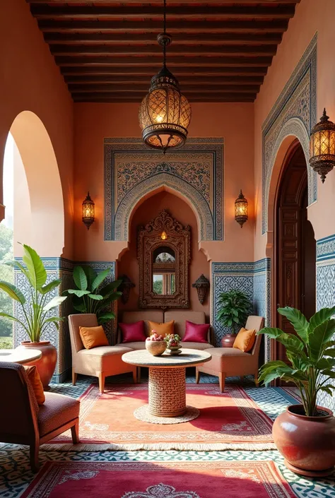 A vintage Canva with a Moroccan vibe. Not realistic. An interior of a Moroccan home, with zellij tiles, Moroccan carpets and Moroccan architecture. 
