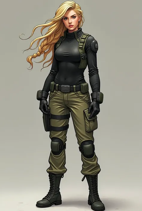 Create a practical female superhero costume. The character should have blond hair, and wear clothes allowing mobility and be practical in combat. It should be comic book style. Maybe some combat boots, slightly baggy pants (maybe cargo) and black top.aim f...