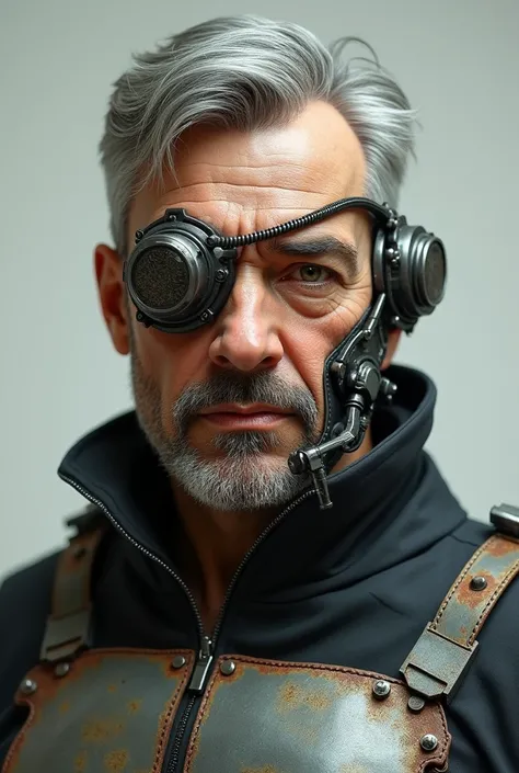 40 year old man, seen from the front, gray hair, upper right side of the body is robotic and rustic rusty, has a robotic eye patch on the right side, the right side of the cyborg face, and a metal plate on the right chest. Mandibula metalica, metal mouth