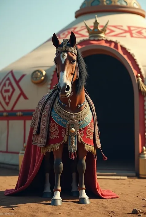 Mongolian horse in soldier uniform Dressed in 13th century clothing sitting Mongolian yurt with crown 